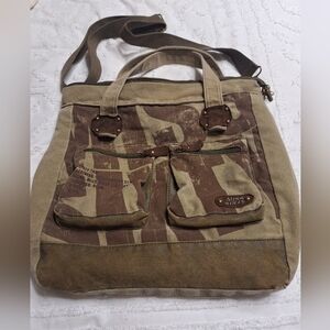 Miss Sixty Men's Canvas Tote Bag in Olive/Brown With Cargo Pockets.spot On Back